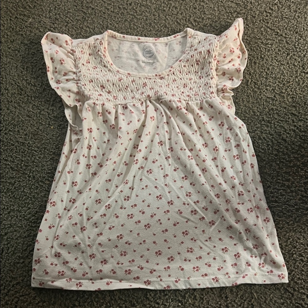 Girls' Wonder Nation Youth Large (10-12) Cream Floral Smocked Flutter Sleeve Top